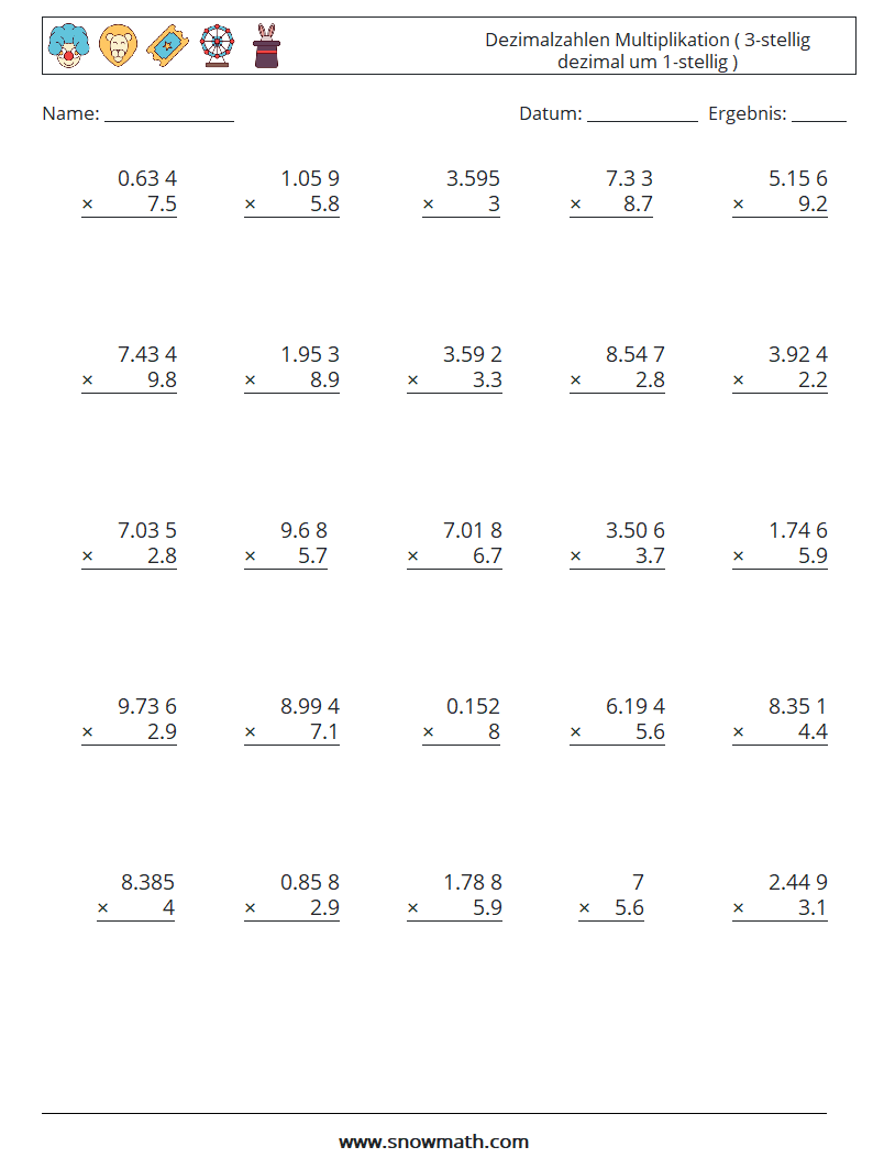 (25) Dezimalzahlen Multiplikation ( 3-stellig dezimal um 1-stellig ) Mathe-Arbeitsblätter 2