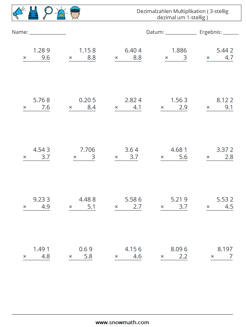(25) Dezimalzahlen Multiplikation ( 3-stellig dezimal um 1-stellig ) Mathe-Arbeitsblätter 3