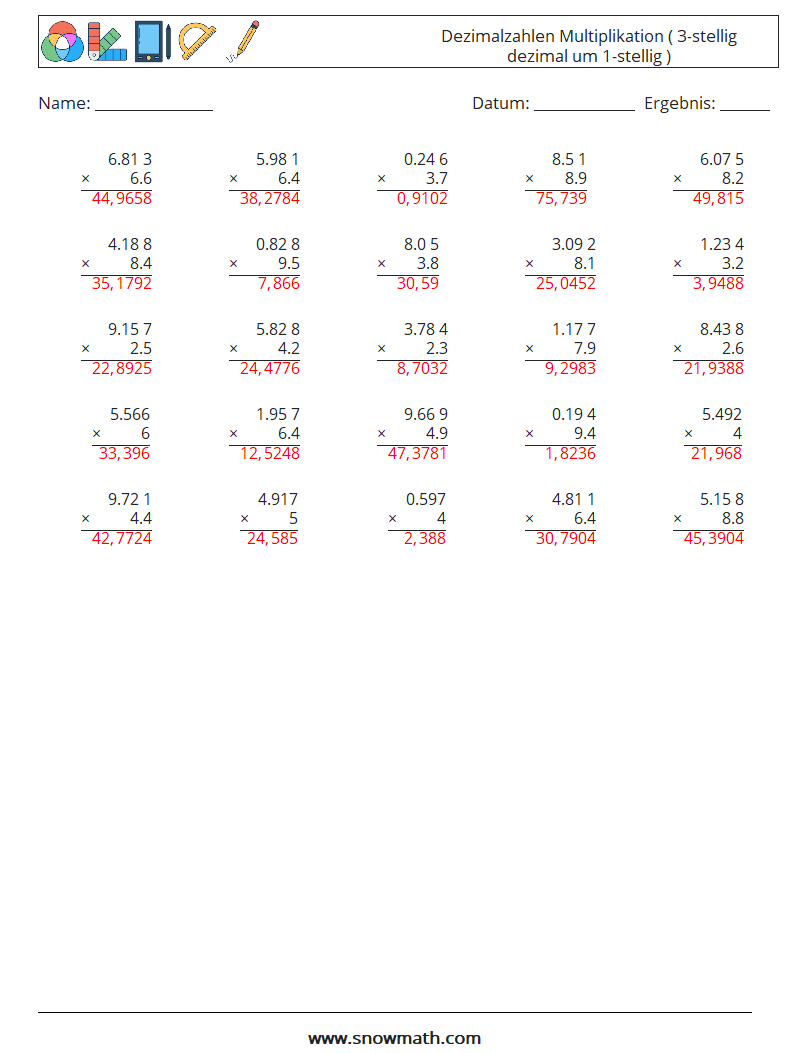 (25) Dezimalzahlen Multiplikation ( 3-stellig dezimal um 1-stellig ) Mathe-Arbeitsblätter 4 Frage, Antwort