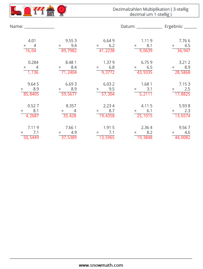 (25) Dezimalzahlen Multiplikation ( 3-stellig dezimal um 1-stellig ) Mathe-Arbeitsblätter 5 Frage, Antwort