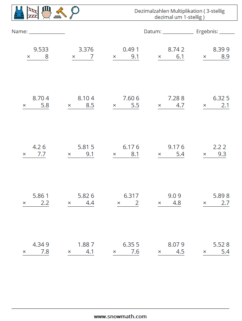 (25) Dezimalzahlen Multiplikation ( 3-stellig dezimal um 1-stellig ) Mathe-Arbeitsblätter 6