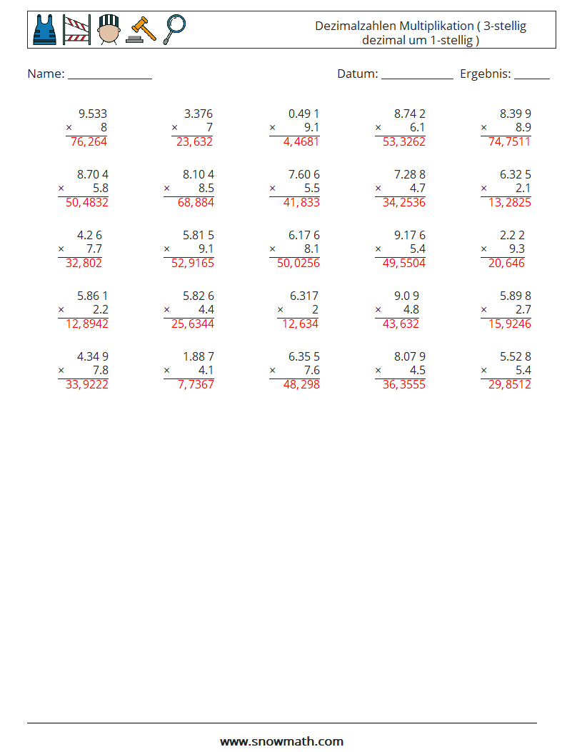 (25) Dezimalzahlen Multiplikation ( 3-stellig dezimal um 1-stellig ) Mathe-Arbeitsblätter 6 Frage, Antwort