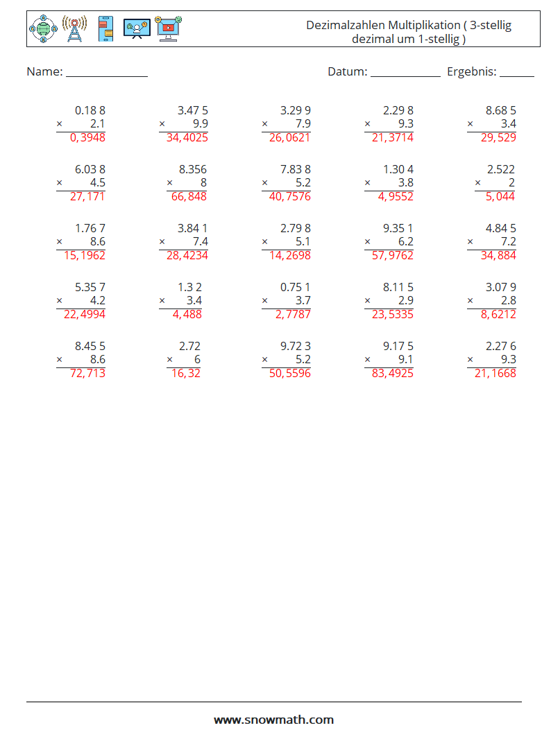 (25) Dezimalzahlen Multiplikation ( 3-stellig dezimal um 1-stellig ) Mathe-Arbeitsblätter 7 Frage, Antwort