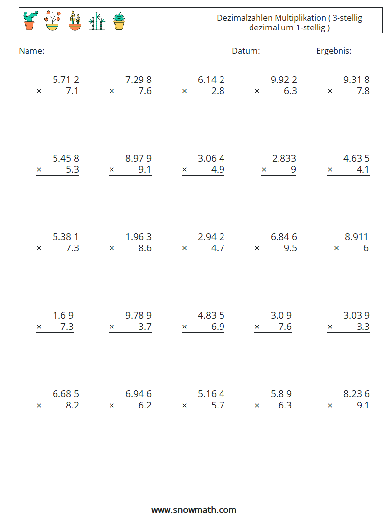 (25) Dezimalzahlen Multiplikation ( 3-stellig dezimal um 1-stellig ) Mathe-Arbeitsblätter 8
