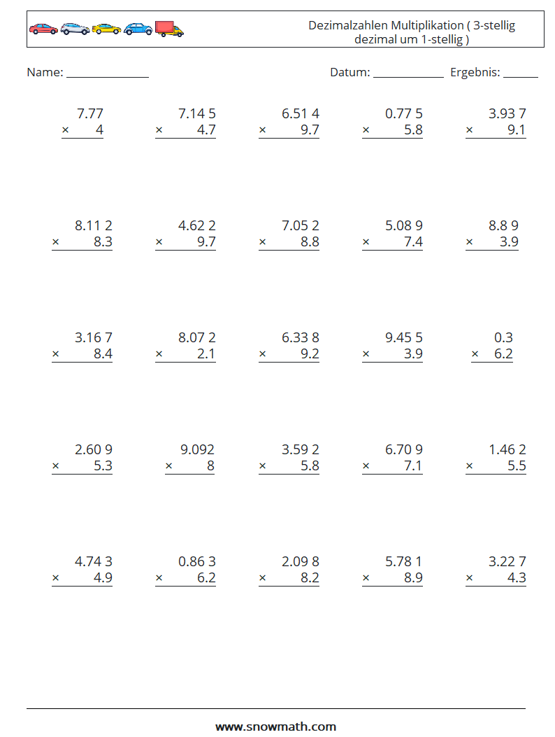 (25) Dezimalzahlen Multiplikation ( 3-stellig dezimal um 1-stellig ) Mathe-Arbeitsblätter 9