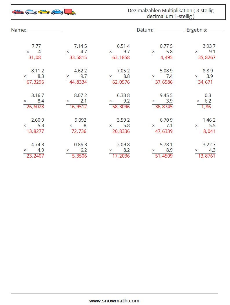 (25) Dezimalzahlen Multiplikation ( 3-stellig dezimal um 1-stellig ) Mathe-Arbeitsblätter 9 Frage, Antwort