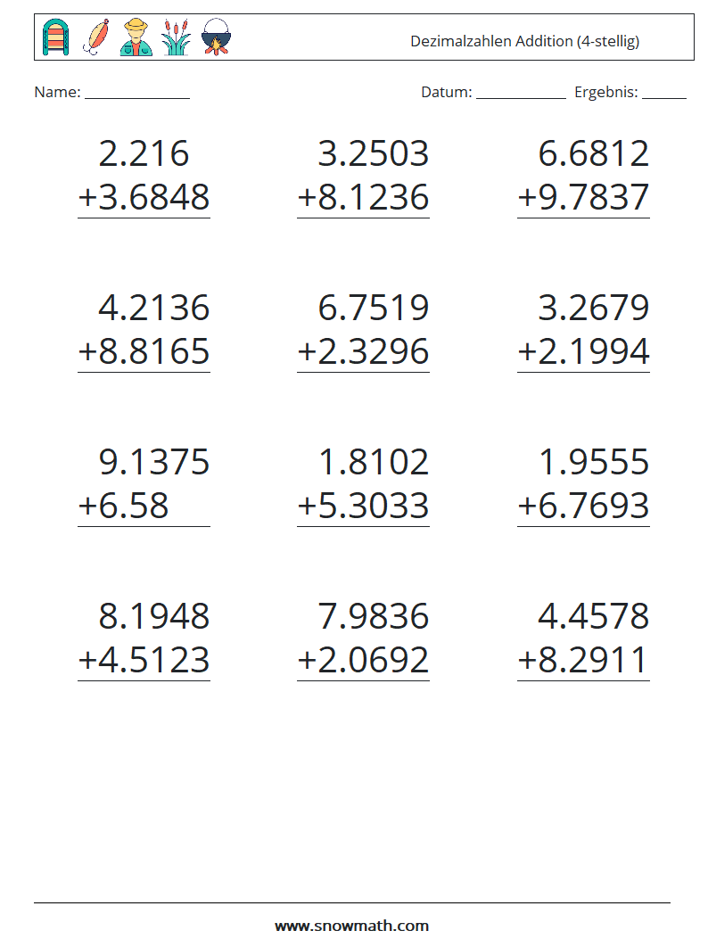 (12) Dezimalzahlen Addition (4-stellig) Mathe-Arbeitsblätter 1