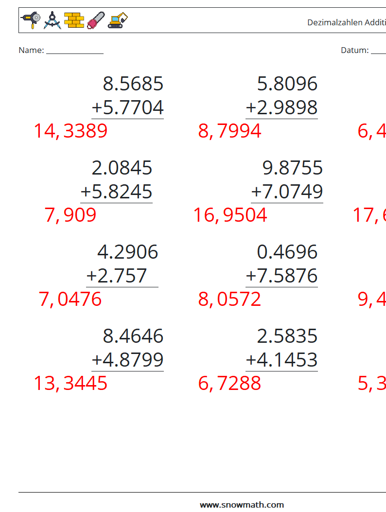 (12) Dezimalzahlen Addition (4-stellig) Mathe-Arbeitsblätter 10 Frage, Antwort