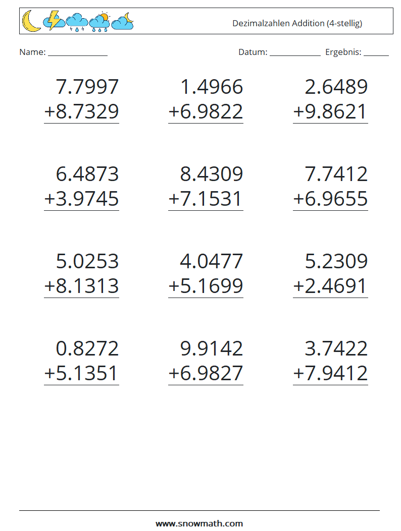 (12) Dezimalzahlen Addition (4-stellig) Mathe-Arbeitsblätter 11