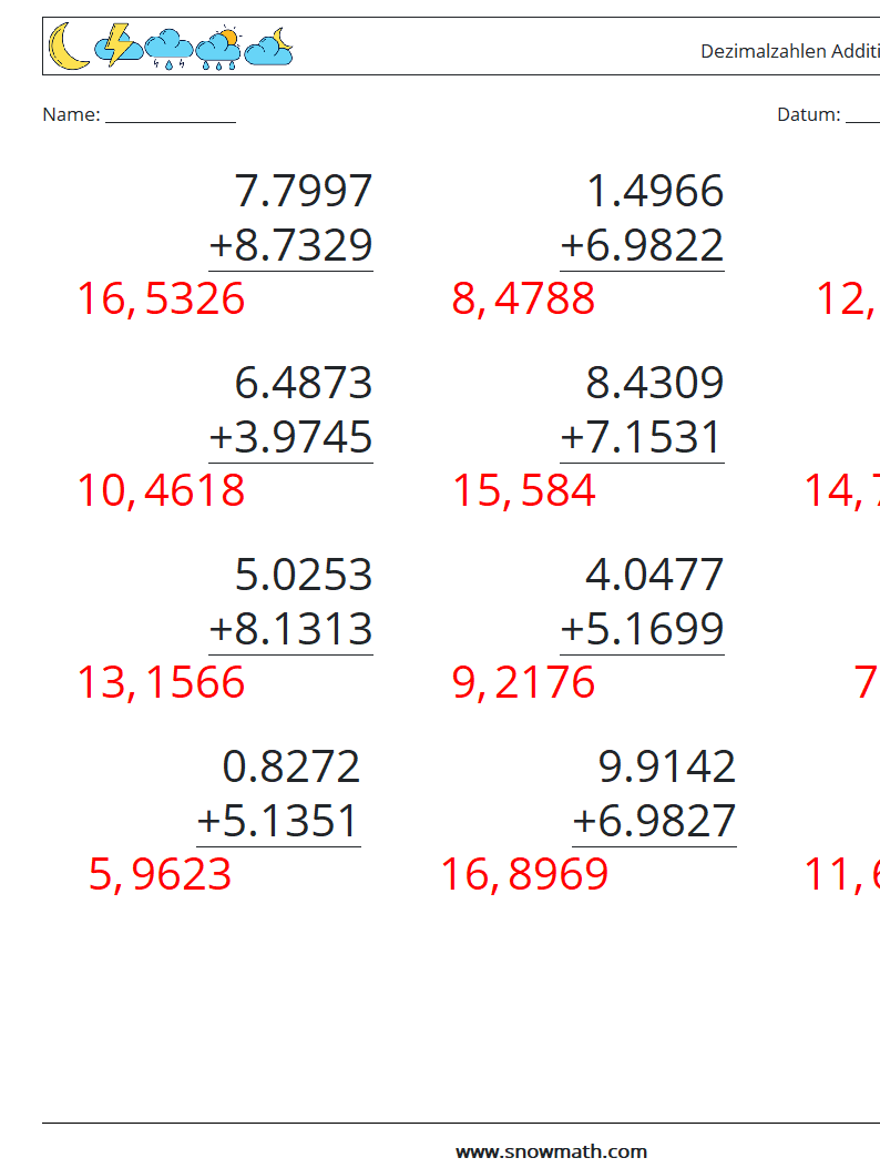 (12) Dezimalzahlen Addition (4-stellig) Mathe-Arbeitsblätter 11 Frage, Antwort