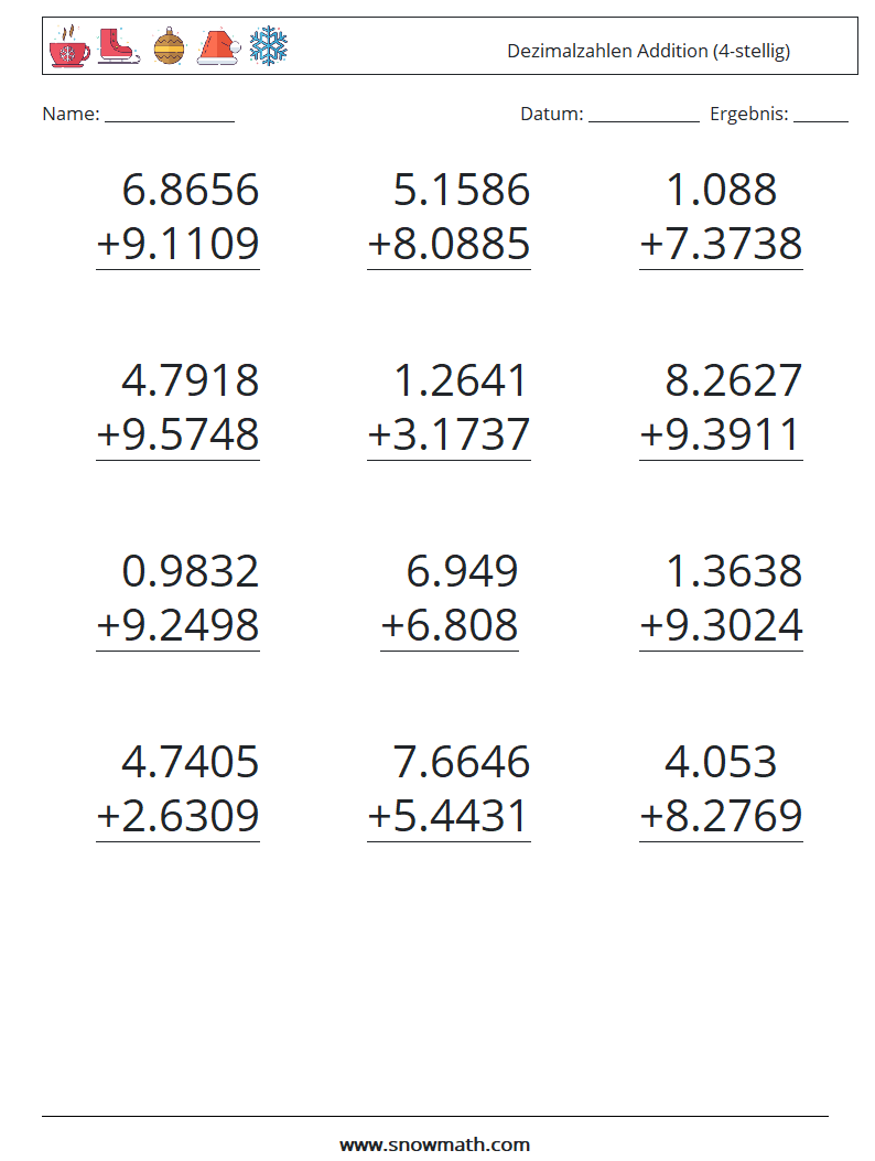 (12) Dezimalzahlen Addition (4-stellig) Mathe-Arbeitsblätter 12