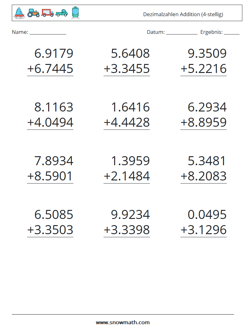 (12) Dezimalzahlen Addition (4-stellig) Mathe-Arbeitsblätter 13