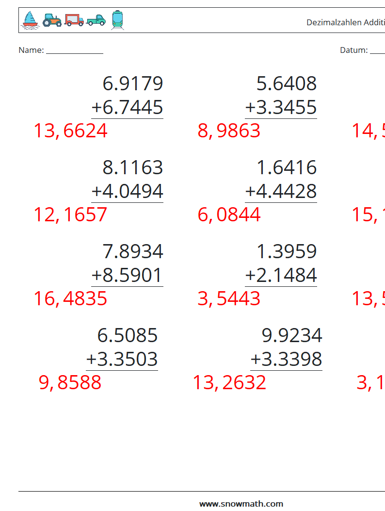 (12) Dezimalzahlen Addition (4-stellig) Mathe-Arbeitsblätter 13 Frage, Antwort