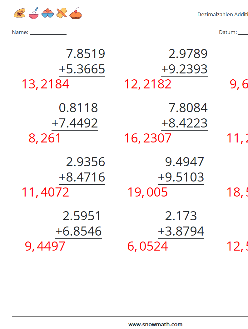 (12) Dezimalzahlen Addition (4-stellig) Mathe-Arbeitsblätter 14 Frage, Antwort