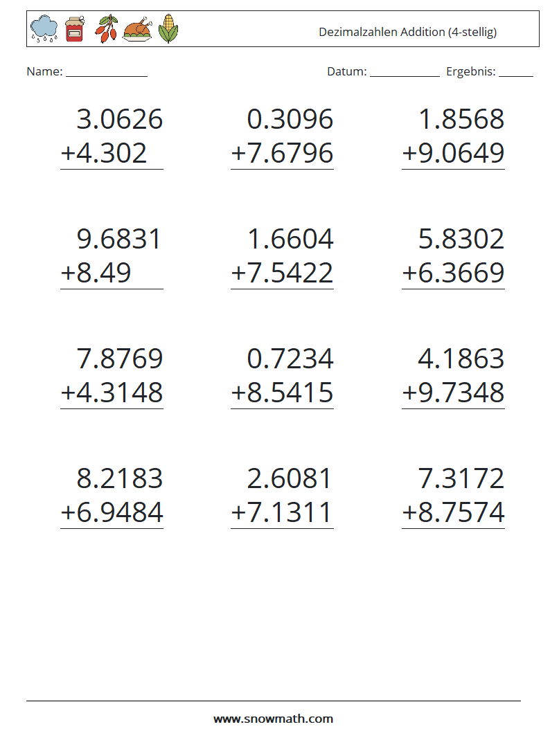 (12) Dezimalzahlen Addition (4-stellig) Mathe-Arbeitsblätter 15