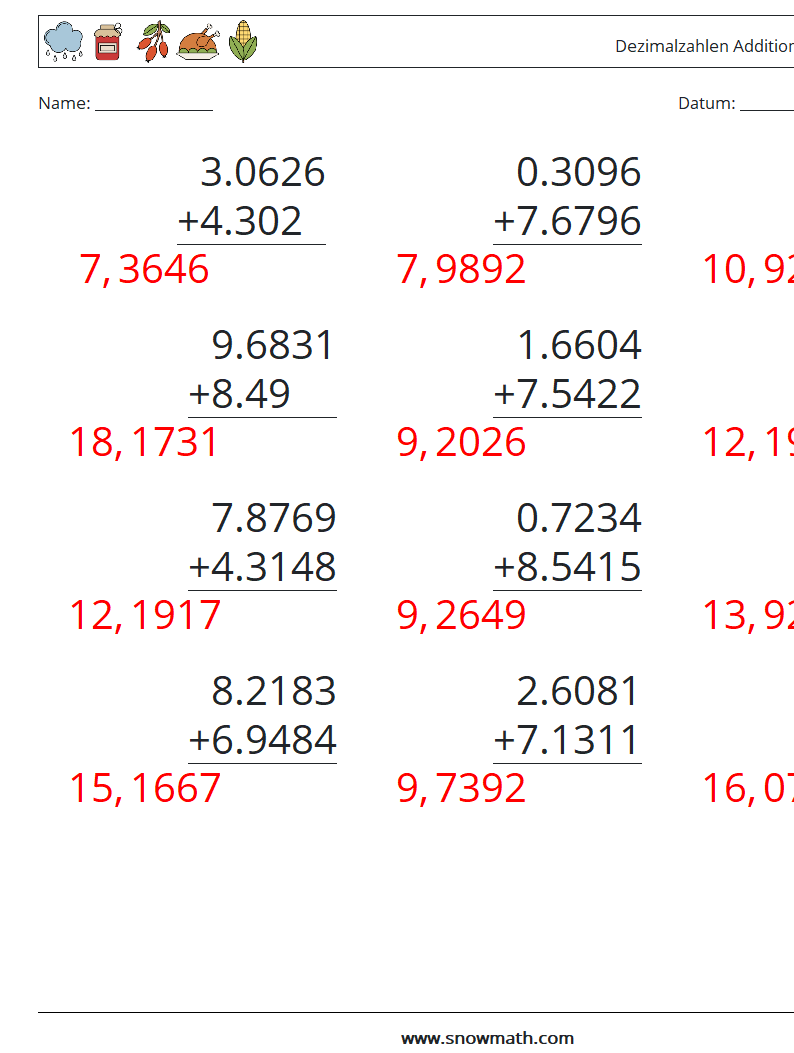 (12) Dezimalzahlen Addition (4-stellig) Mathe-Arbeitsblätter 15 Frage, Antwort