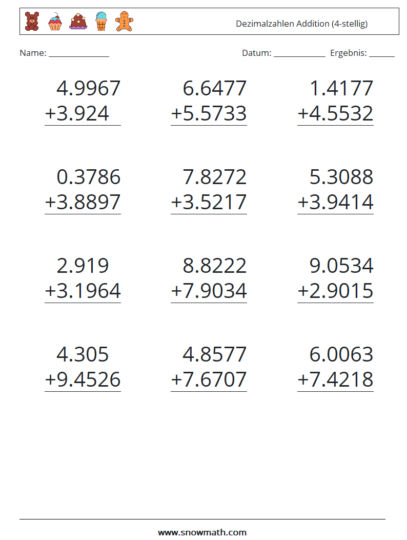 (12) Dezimalzahlen Addition (4-stellig) Mathe-Arbeitsblätter 16