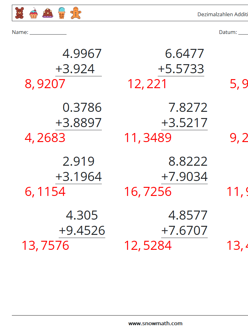 (12) Dezimalzahlen Addition (4-stellig) Mathe-Arbeitsblätter 16 Frage, Antwort