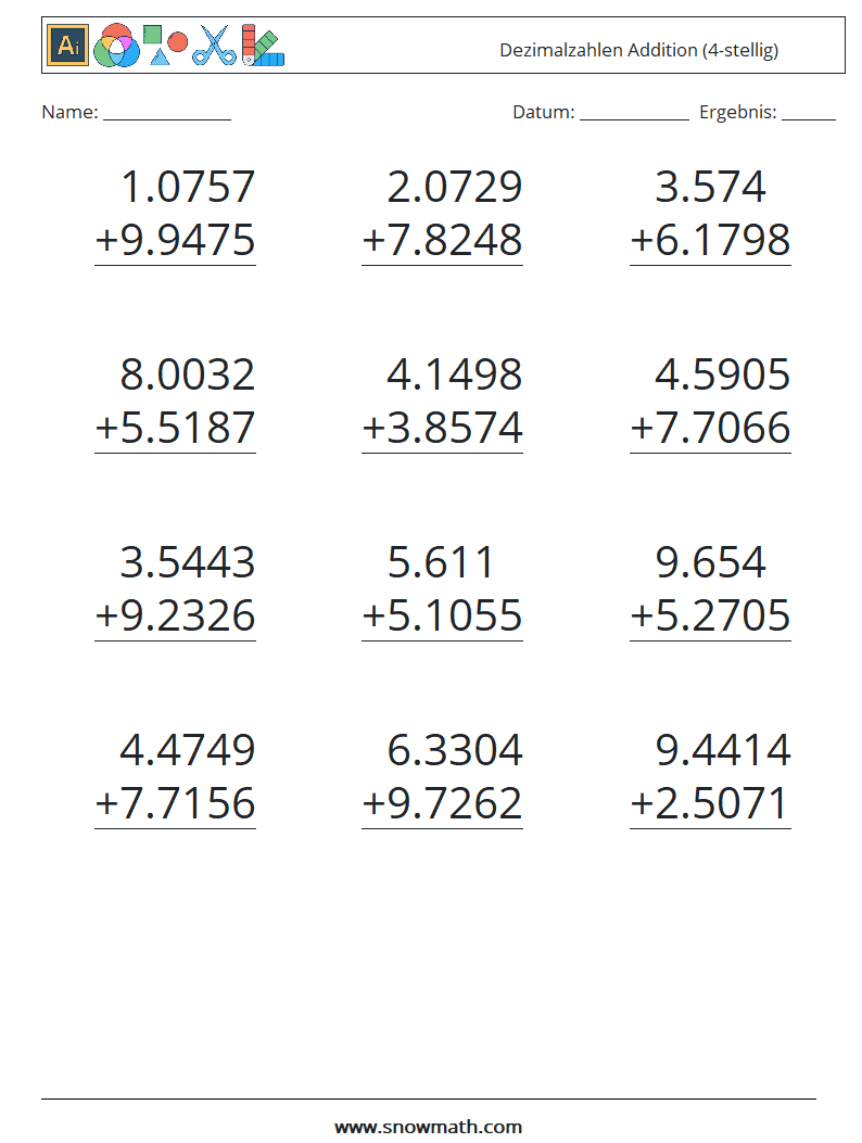 (12) Dezimalzahlen Addition (4-stellig) Mathe-Arbeitsblätter 17