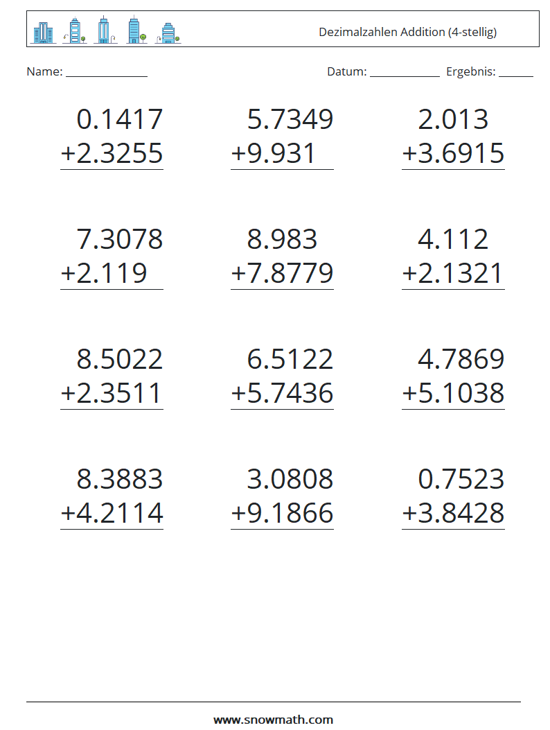 (12) Dezimalzahlen Addition (4-stellig) Mathe-Arbeitsblätter 18