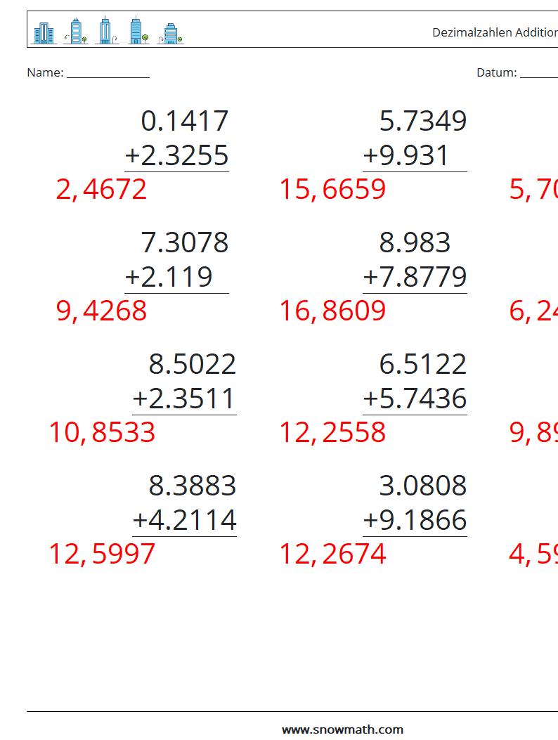 (12) Dezimalzahlen Addition (4-stellig) Mathe-Arbeitsblätter 18 Frage, Antwort