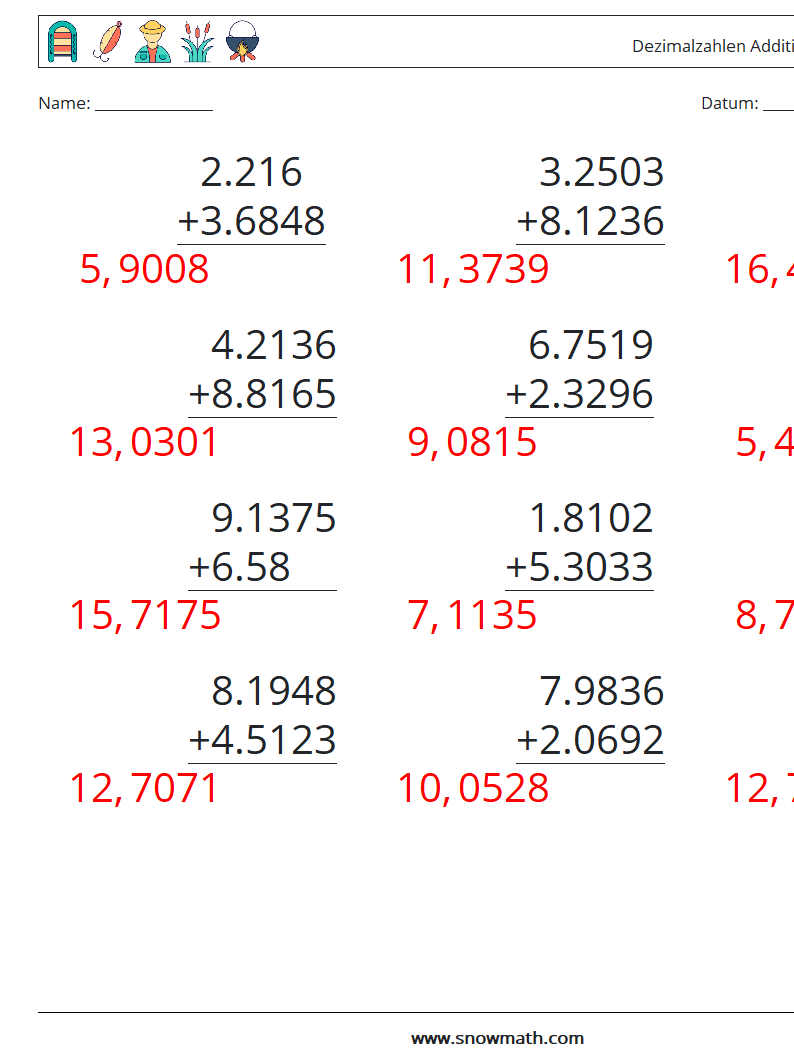 (12) Dezimalzahlen Addition (4-stellig) Mathe-Arbeitsblätter 1 Frage, Antwort