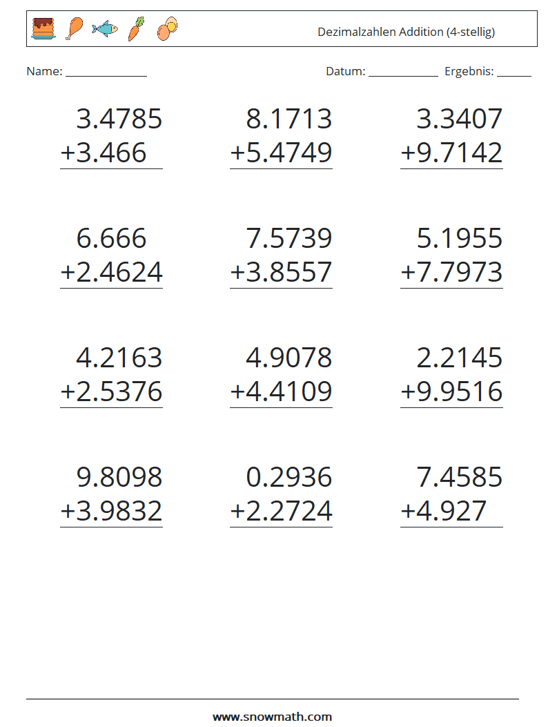 (12) Dezimalzahlen Addition (4-stellig) Mathe-Arbeitsblätter 2