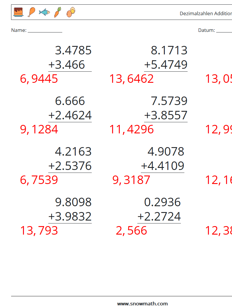 (12) Dezimalzahlen Addition (4-stellig) Mathe-Arbeitsblätter 2 Frage, Antwort