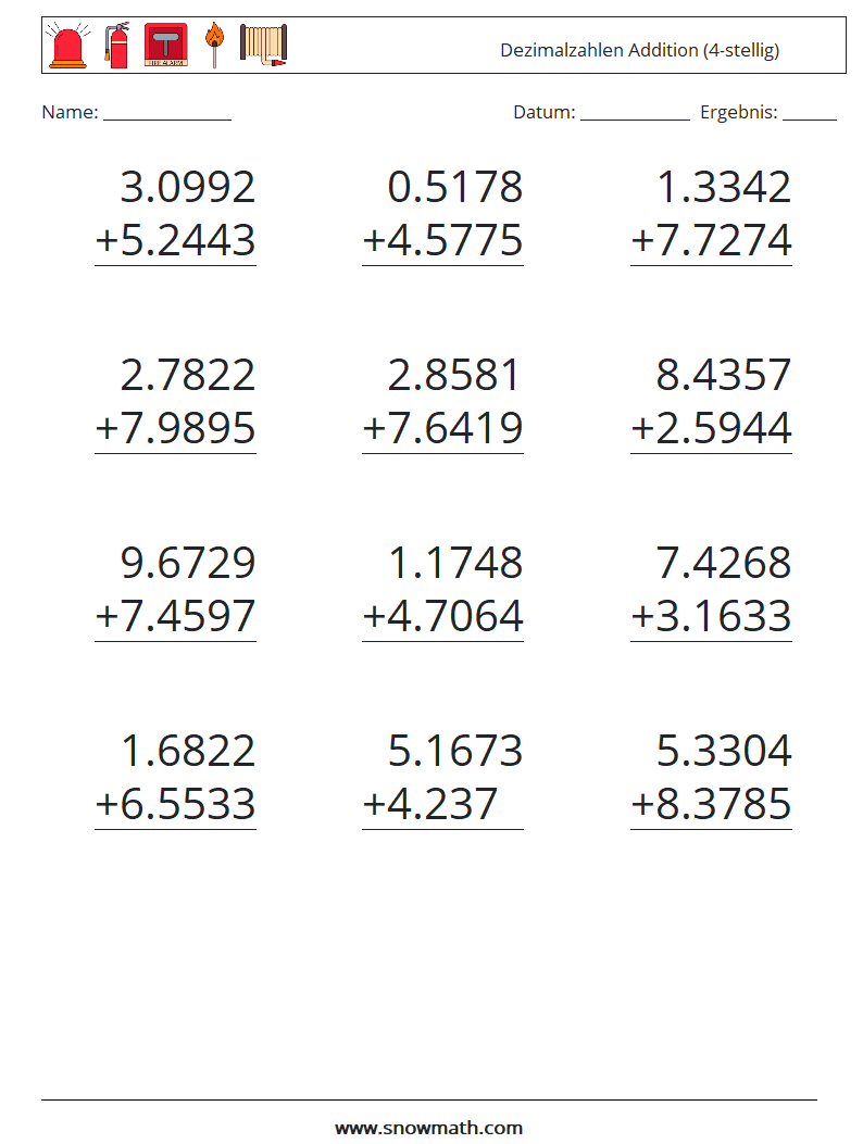 (12) Dezimalzahlen Addition (4-stellig) Mathe-Arbeitsblätter 3