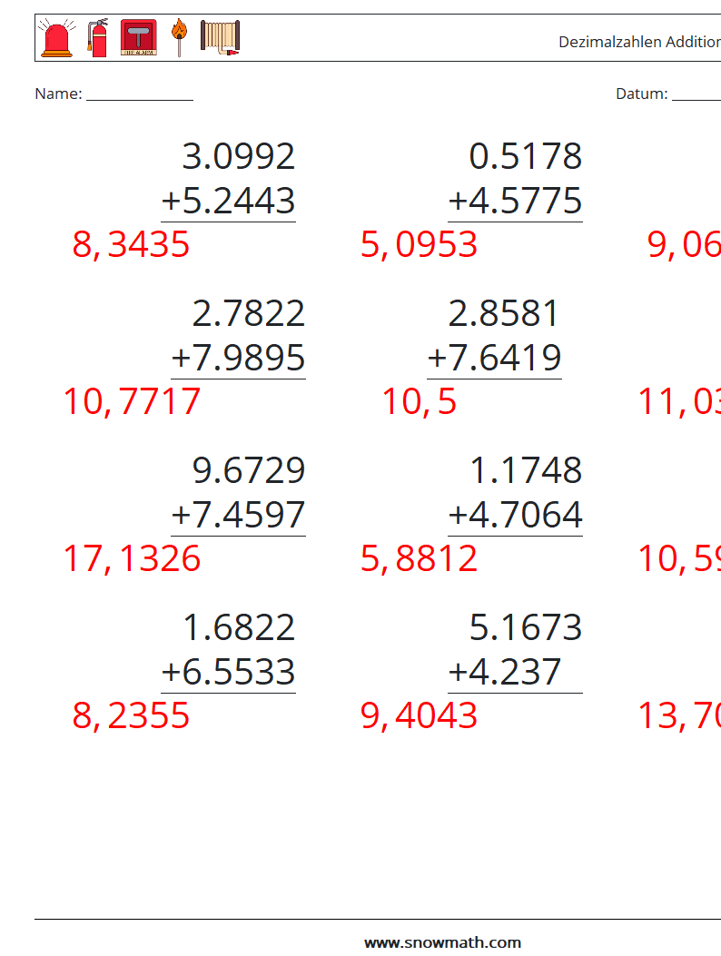 (12) Dezimalzahlen Addition (4-stellig) Mathe-Arbeitsblätter 3 Frage, Antwort