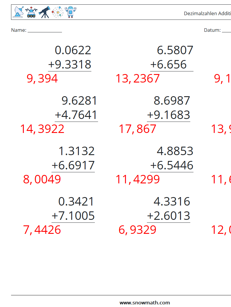 (12) Dezimalzahlen Addition (4-stellig) Mathe-Arbeitsblätter 4 Frage, Antwort