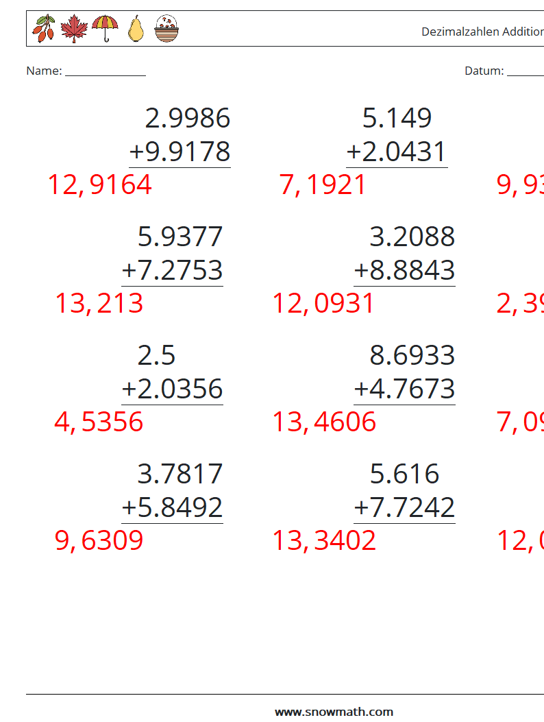 (12) Dezimalzahlen Addition (4-stellig) Mathe-Arbeitsblätter 5 Frage, Antwort