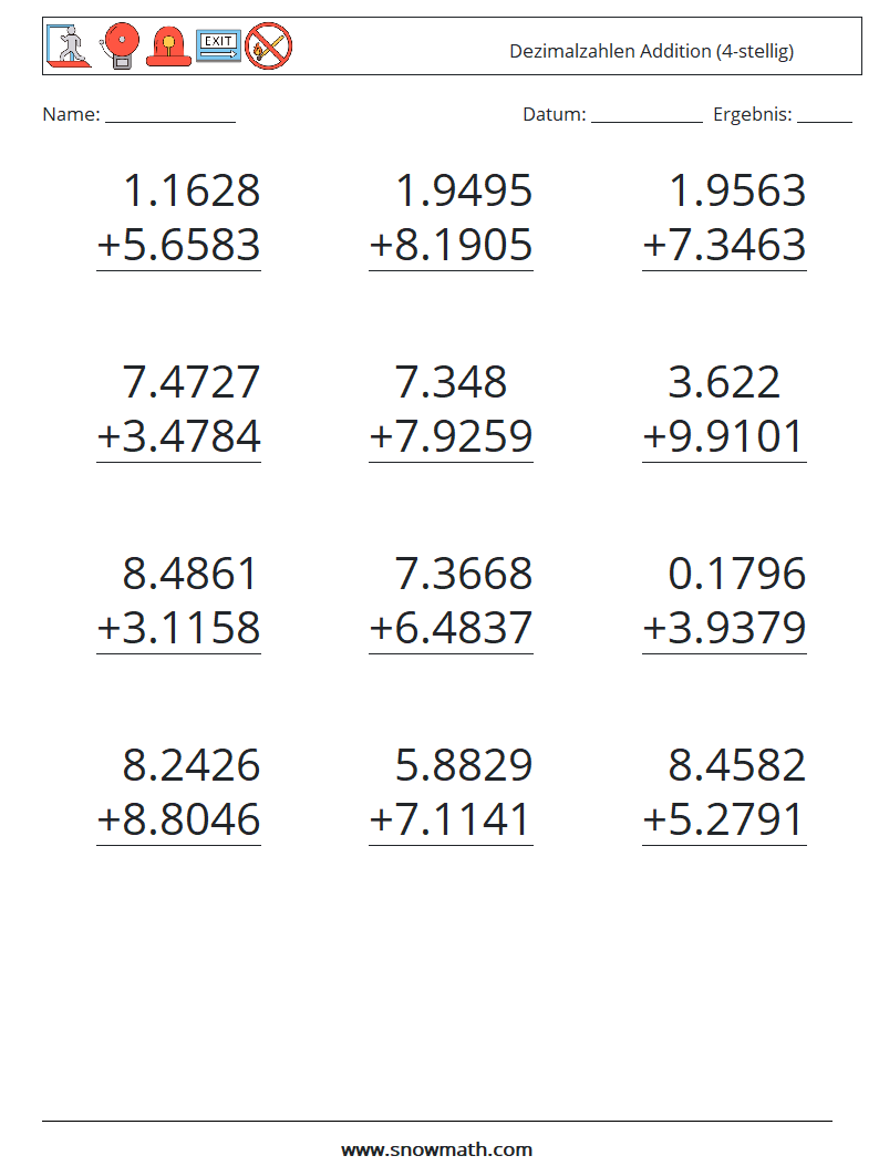 (12) Dezimalzahlen Addition (4-stellig) Mathe-Arbeitsblätter 6