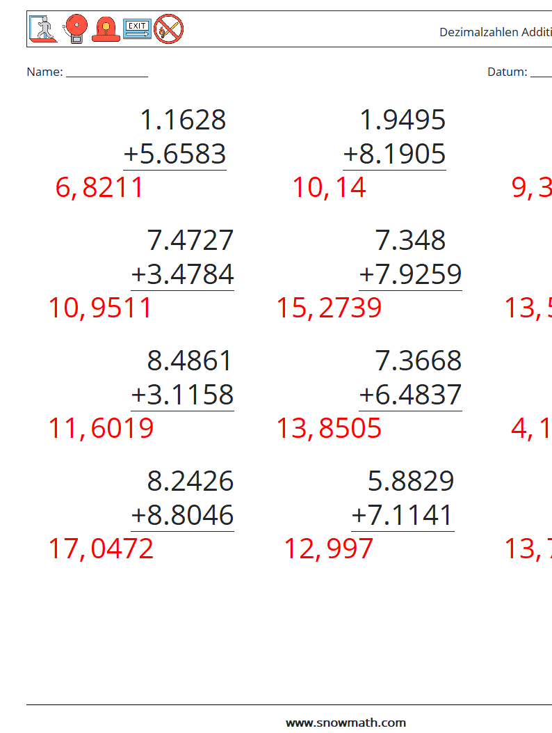 (12) Dezimalzahlen Addition (4-stellig) Mathe-Arbeitsblätter 6 Frage, Antwort