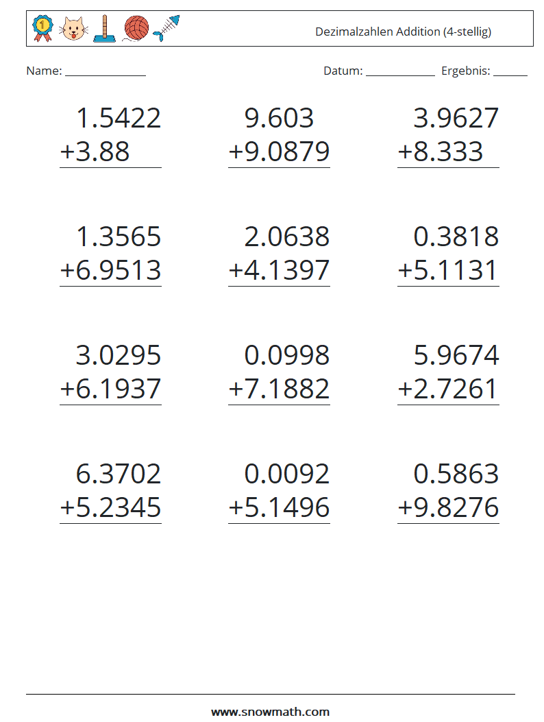 (12) Dezimalzahlen Addition (4-stellig) Mathe-Arbeitsblätter 7