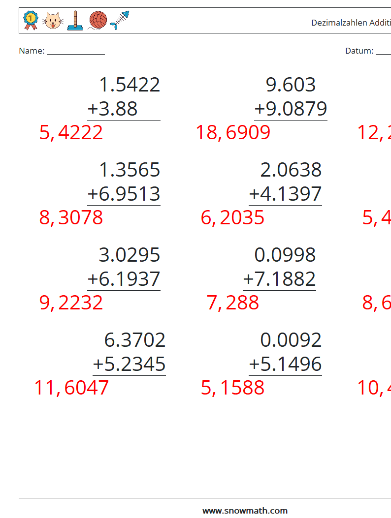 (12) Dezimalzahlen Addition (4-stellig) Mathe-Arbeitsblätter 7 Frage, Antwort