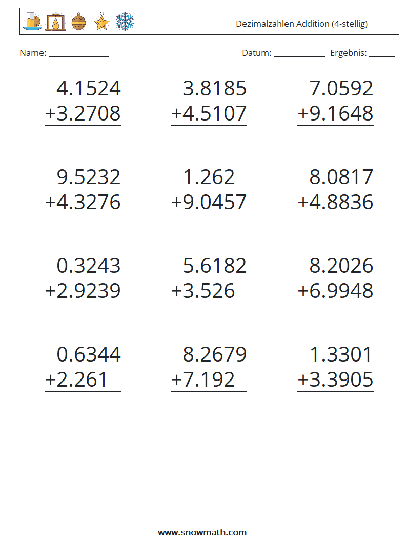 (12) Dezimalzahlen Addition (4-stellig) Mathe-Arbeitsblätter 8