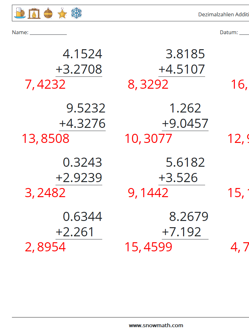 (12) Dezimalzahlen Addition (4-stellig) Mathe-Arbeitsblätter 8 Frage, Antwort