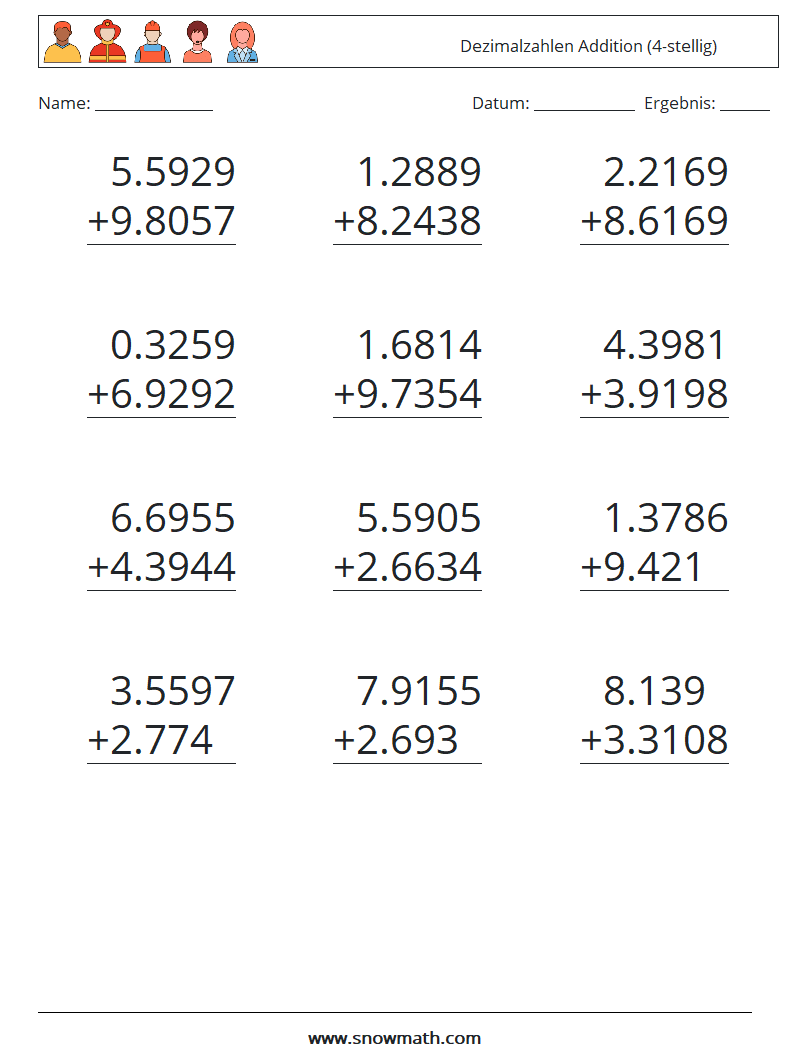 (12) Dezimalzahlen Addition (4-stellig) Mathe-Arbeitsblätter 9