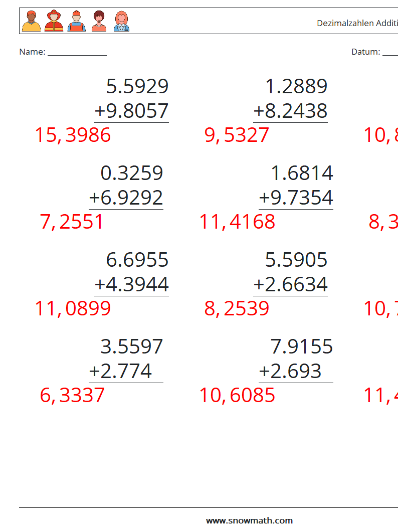 (12) Dezimalzahlen Addition (4-stellig) Mathe-Arbeitsblätter 9 Frage, Antwort