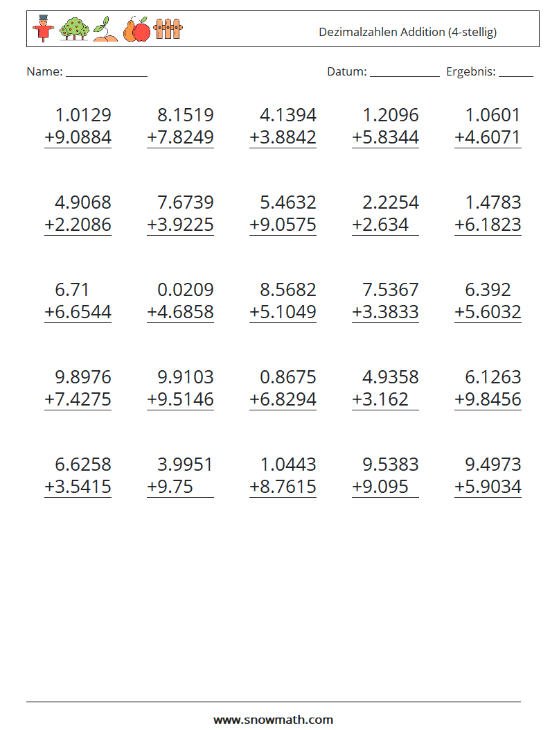 (25) Dezimalzahlen Addition (4-stellig) Mathe-Arbeitsblätter 10