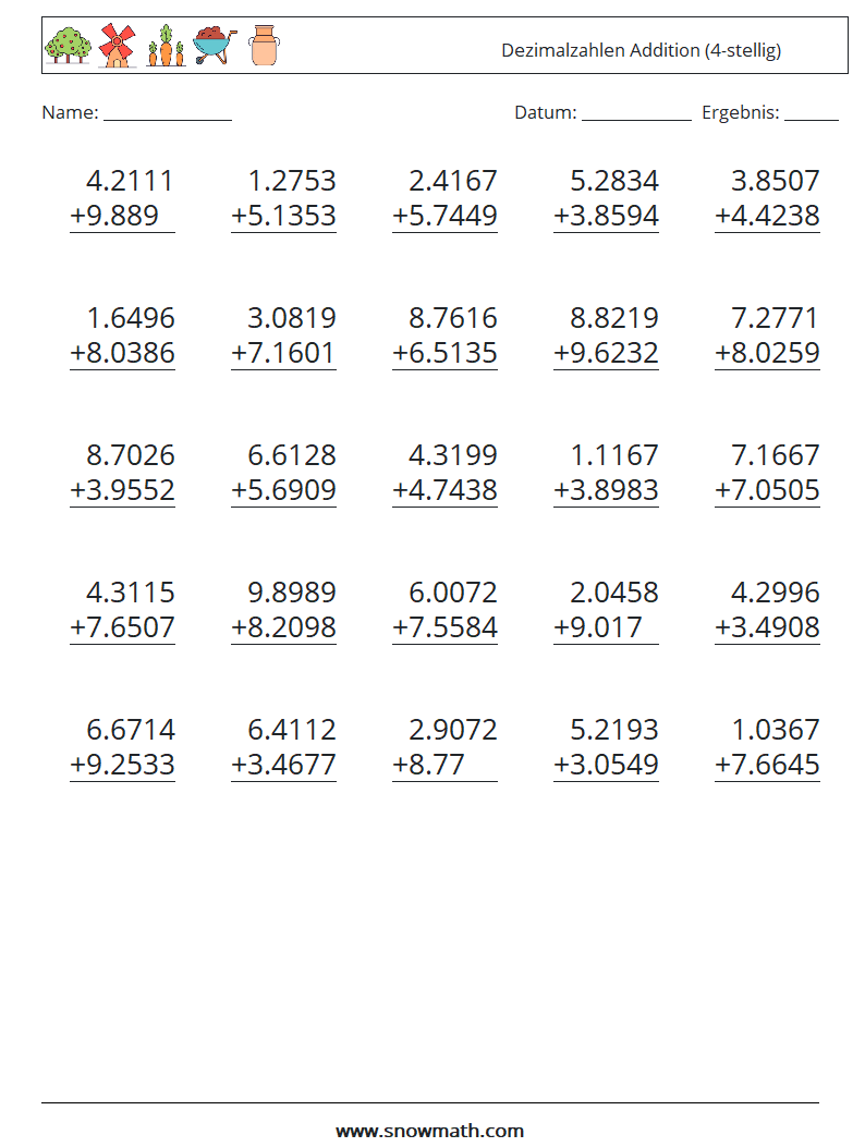 (25) Dezimalzahlen Addition (4-stellig) Mathe-Arbeitsblätter 11