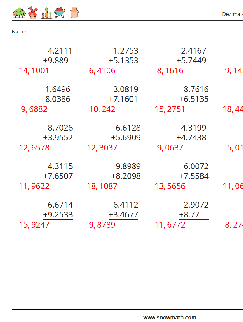 (25) Dezimalzahlen Addition (4-stellig) Mathe-Arbeitsblätter 11 Frage, Antwort