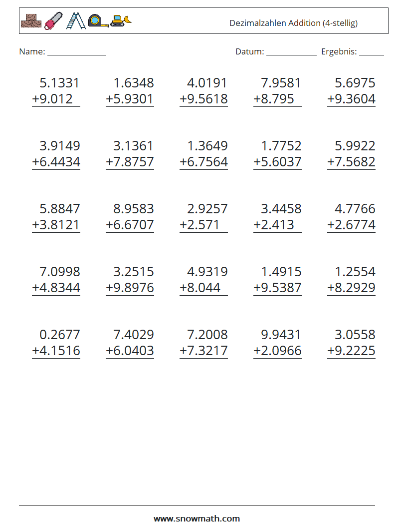 (25) Dezimalzahlen Addition (4-stellig) Mathe-Arbeitsblätter 12