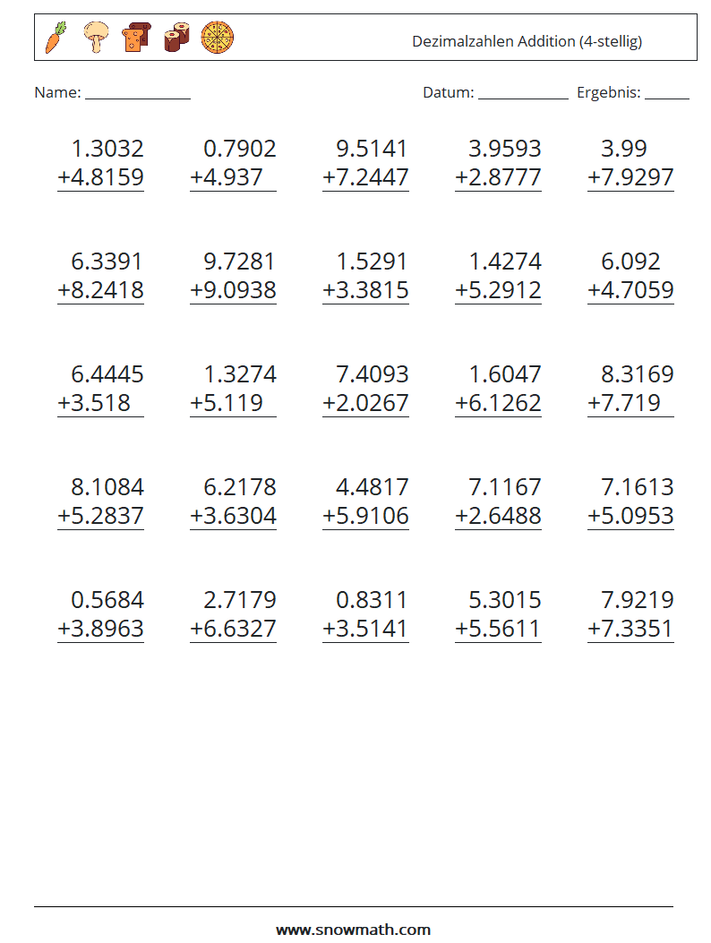 (25) Dezimalzahlen Addition (4-stellig) Mathe-Arbeitsblätter 13