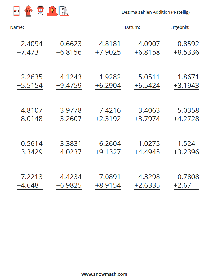 (25) Dezimalzahlen Addition (4-stellig) Mathe-Arbeitsblätter 14