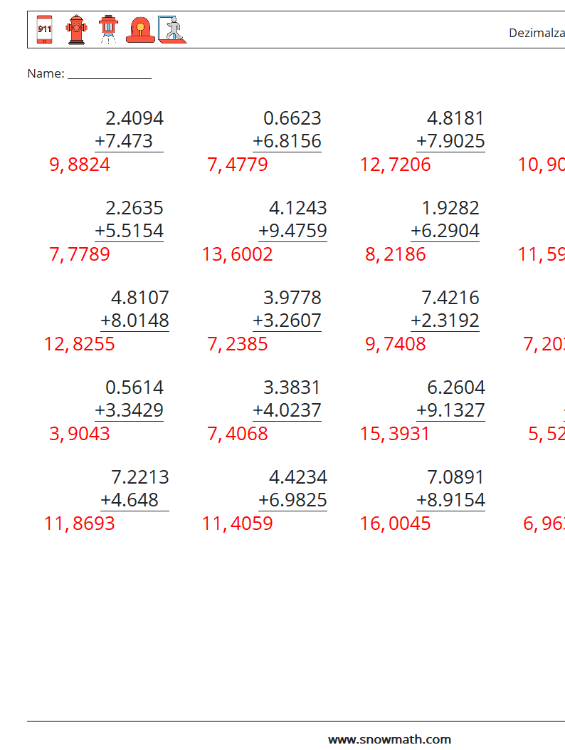 (25) Dezimalzahlen Addition (4-stellig) Mathe-Arbeitsblätter 14 Frage, Antwort