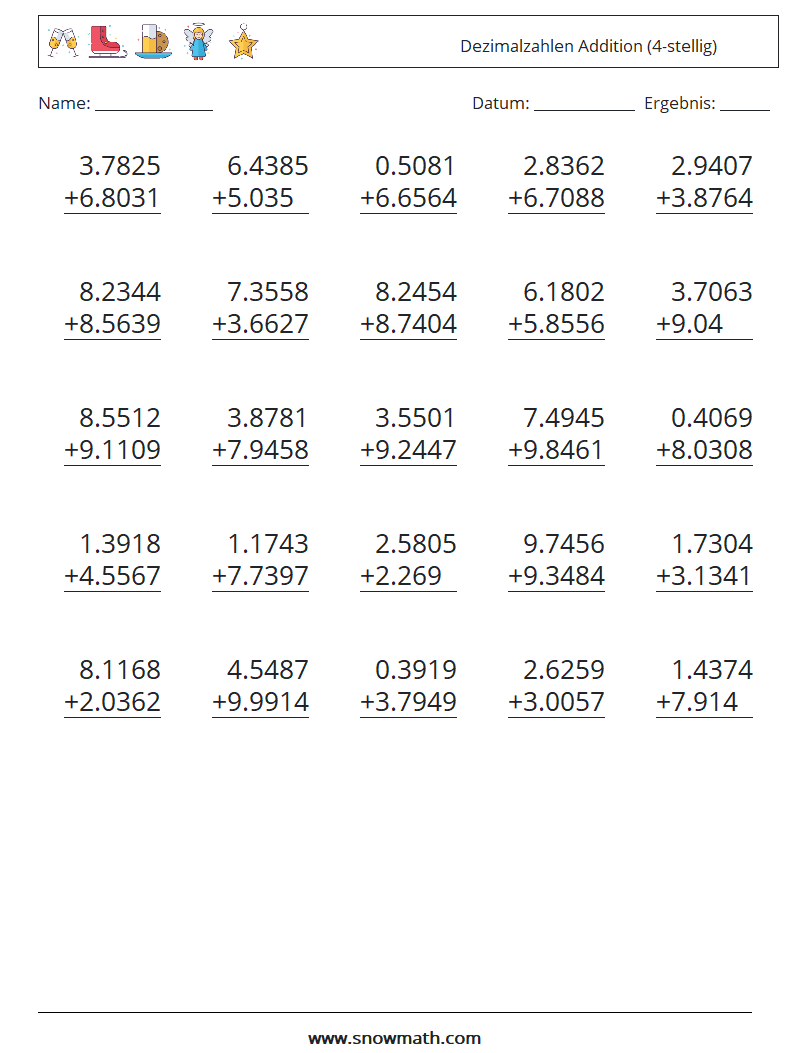 (25) Dezimalzahlen Addition (4-stellig) Mathe-Arbeitsblätter 15