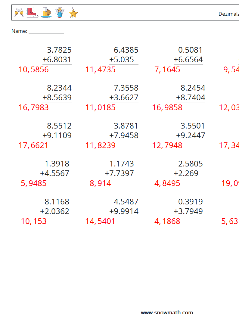 (25) Dezimalzahlen Addition (4-stellig) Mathe-Arbeitsblätter 15 Frage, Antwort