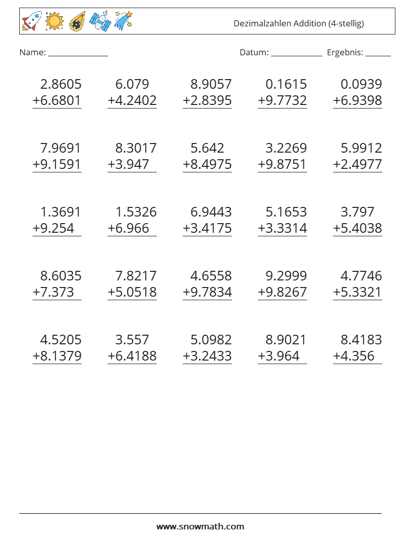 (25) Dezimalzahlen Addition (4-stellig) Mathe-Arbeitsblätter 16